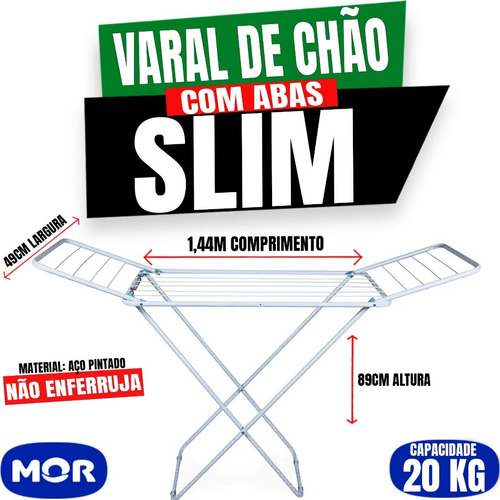 Varal De Chão Reforçado Com Abas Dobrável Retrátil Slim Mor